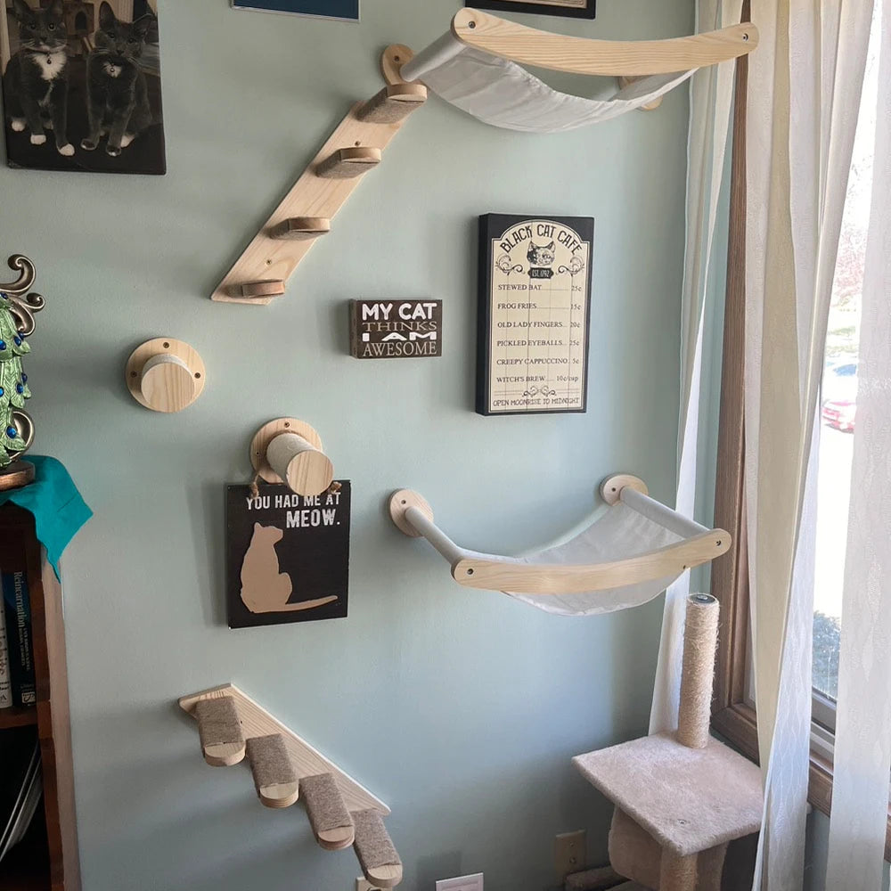 Cat Wall Climbing Shelves Wall Mounted Hammock Cat Scratching Post Wooden Stairway Shelves with Sisal Rope Ladder Wall Cat Tree