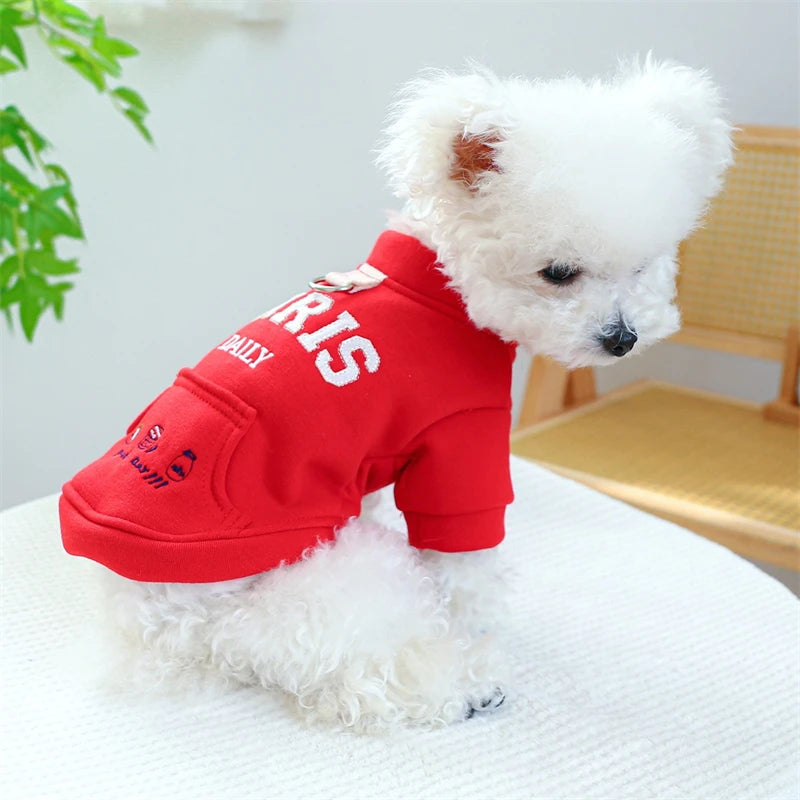 Embroidery Paris Pet Cat Sweatshirt for French Bulldog Warm Fleece Small Medium Dog Clothing New Year Winter Red Puppy Overalls