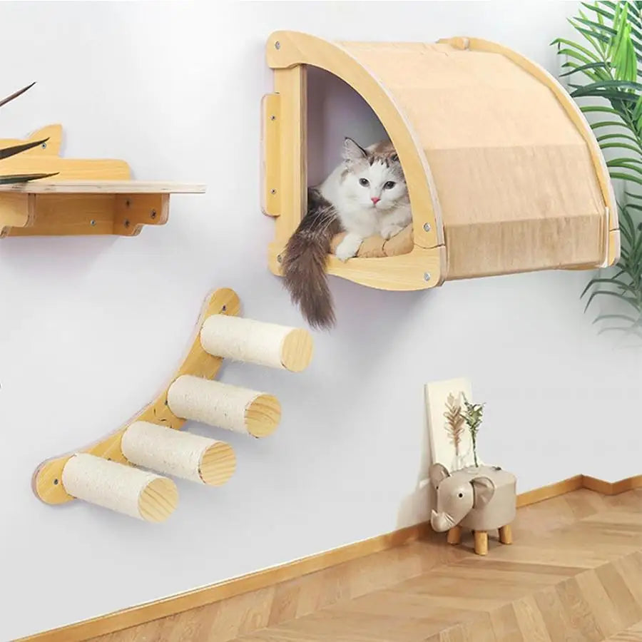 Cat Wall Mounted Solid Wooden Furniture Climbing Ladder and Cat Hammock with Scratching Post for Activity Indoor Cats Perches