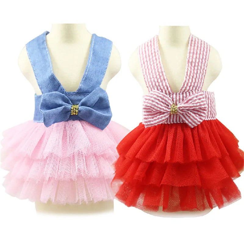 Princess Dog Dress for Small Dogs, Chihuahua Yorkie Layer Stripe Mesh Tutu Skirt Puppy Summer Clothes Pet Bowknot Dresses