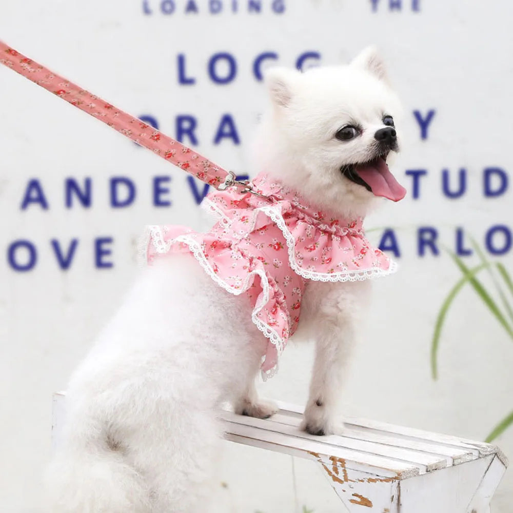 Pink Flower Puppy Harness Mesh Breathable Small Girl Dog Cat Vest Harness Cute Doggy Lace Dress Harness with Leash for Walking