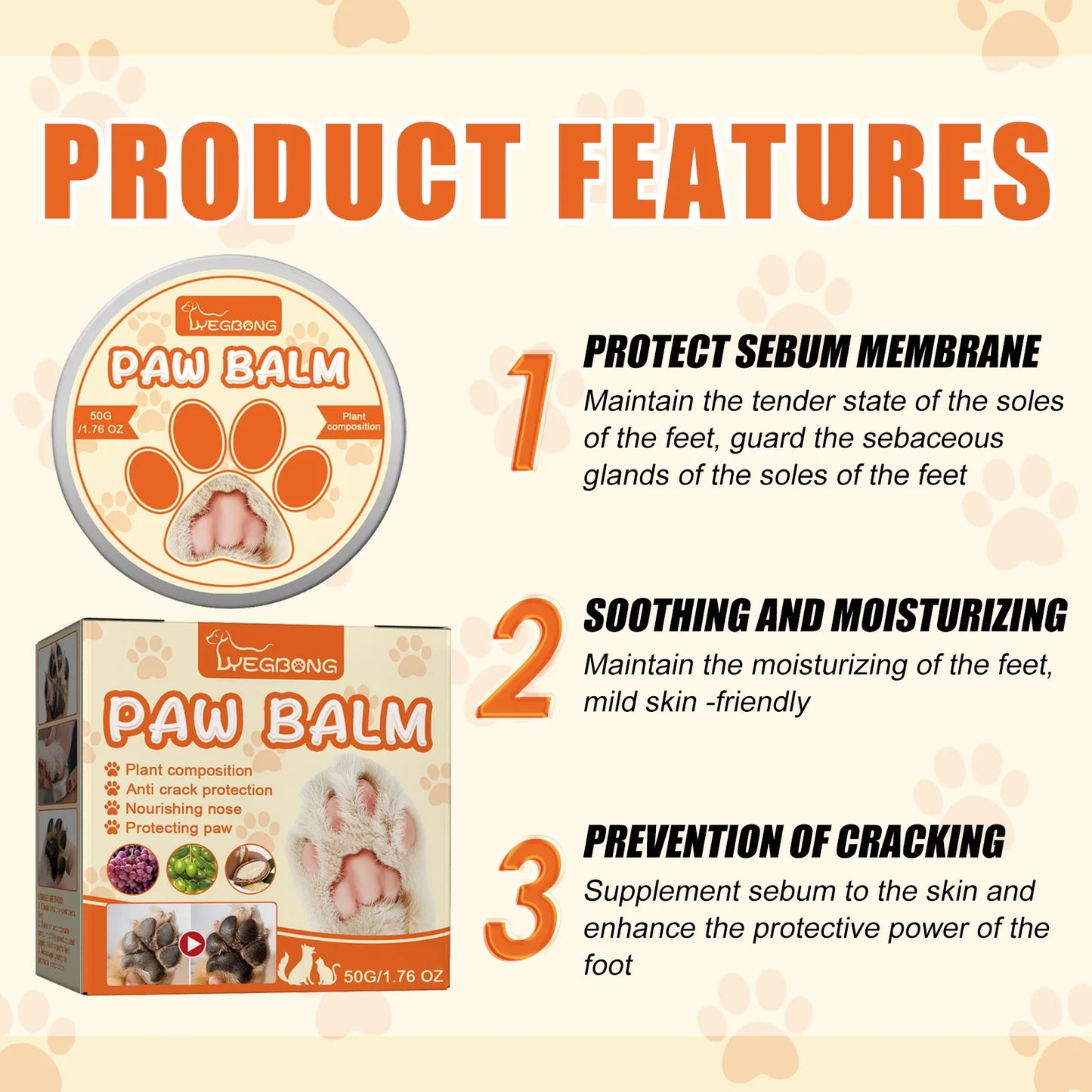 Paw Balm for Cats 50g Cat Dog Paw Protective Cream Pet Nose Protector Moisturizer Pet Crack Feet Repair Accessories for Cats