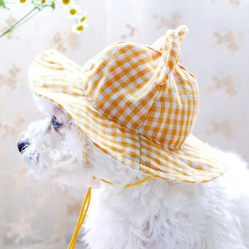 Pastoral Style Plaid Cat Hat Cute Ears Sunshade Cap for Dogs Summer Pet Headwear Unisex Outdoor Hats Chihuahua Dogs Accessories
