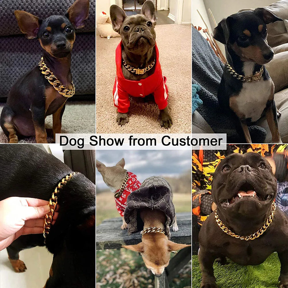 Gold Dog Chain Collar 15mm Stainless Steel Cuban Link Chain Strong Heavy Duty Chew Proof Dog Necklace with Buckle for Dogs