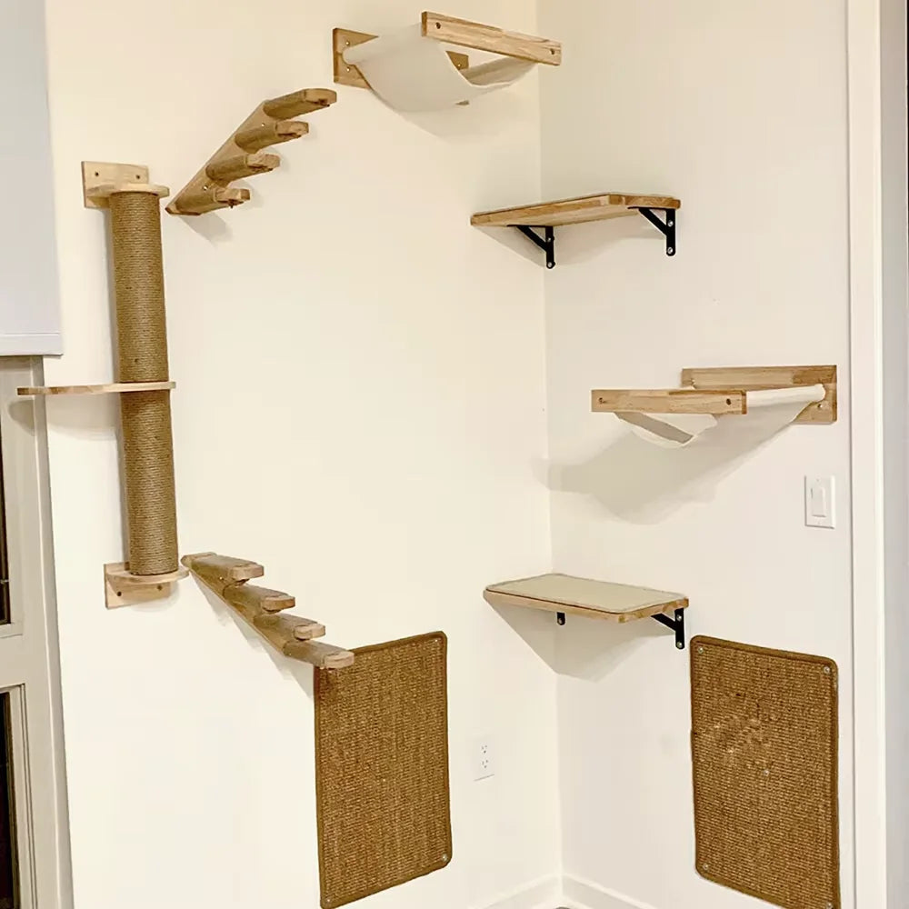 Solid Wood Wall-mounted Cat Climbing Frame Set with Cat Sleeping Nest Cat Tree and Wall Hanging Climbing Column for Kitten