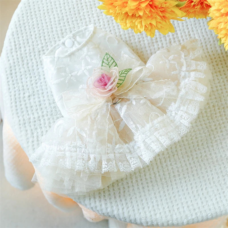Sweet Princess Female Puppy Summer Clothes Wedding Party Dress for Dogs White Lace French Bulldog Small Medium Pet Cat Clothing