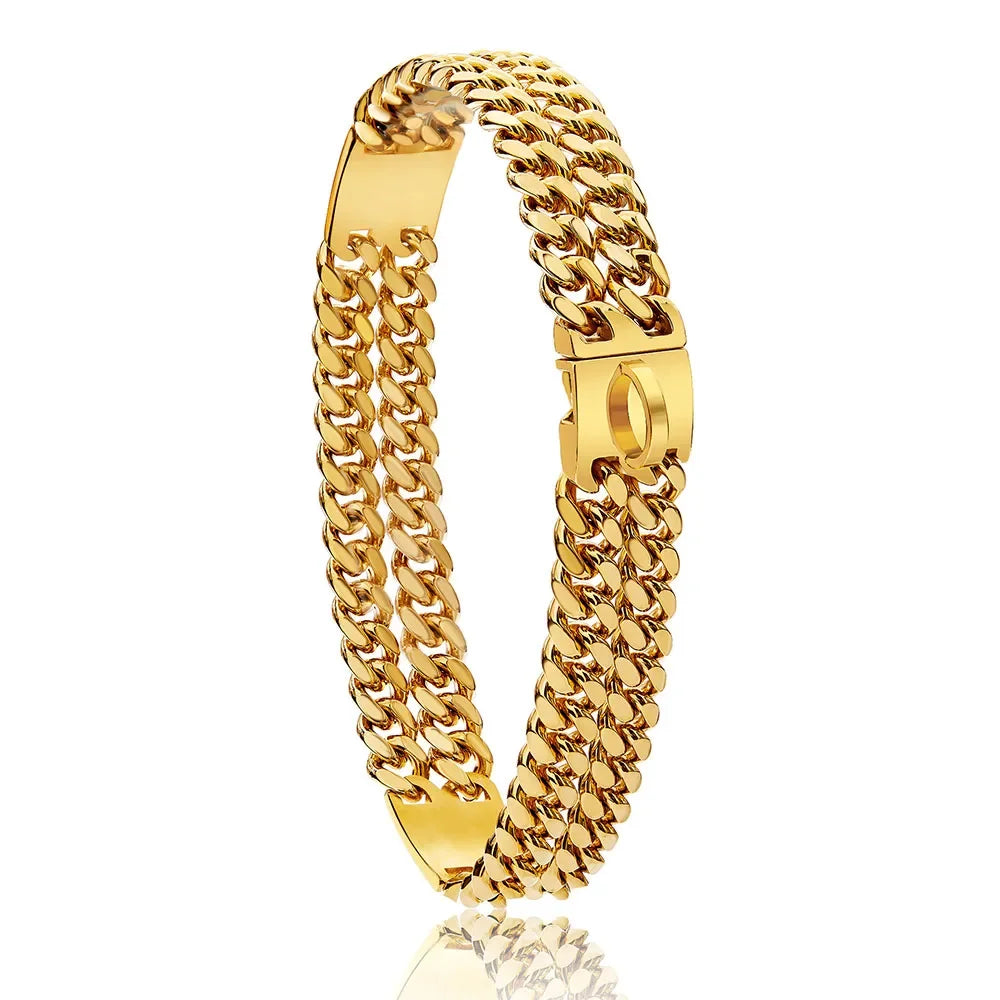 Strong Dog Double Chain Collar 2 Row Gold Cuban Link Stainless Steel Dog Training Collar Pet Metal Collar For Medium Large Dogs