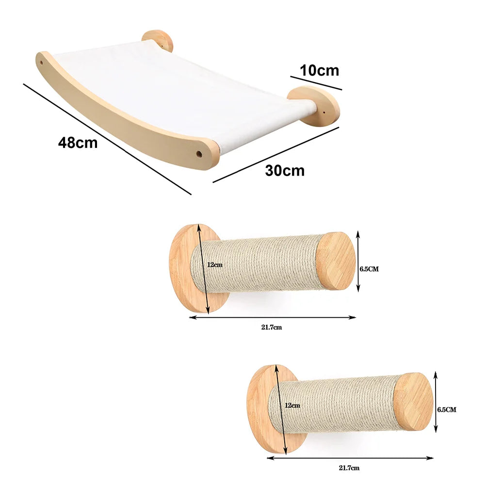 Cat Wall Mounted Solid Wooden Furniture Climbing Ladder and Cat Hammock with Scratching Post for Activity Indoor Cats Perches