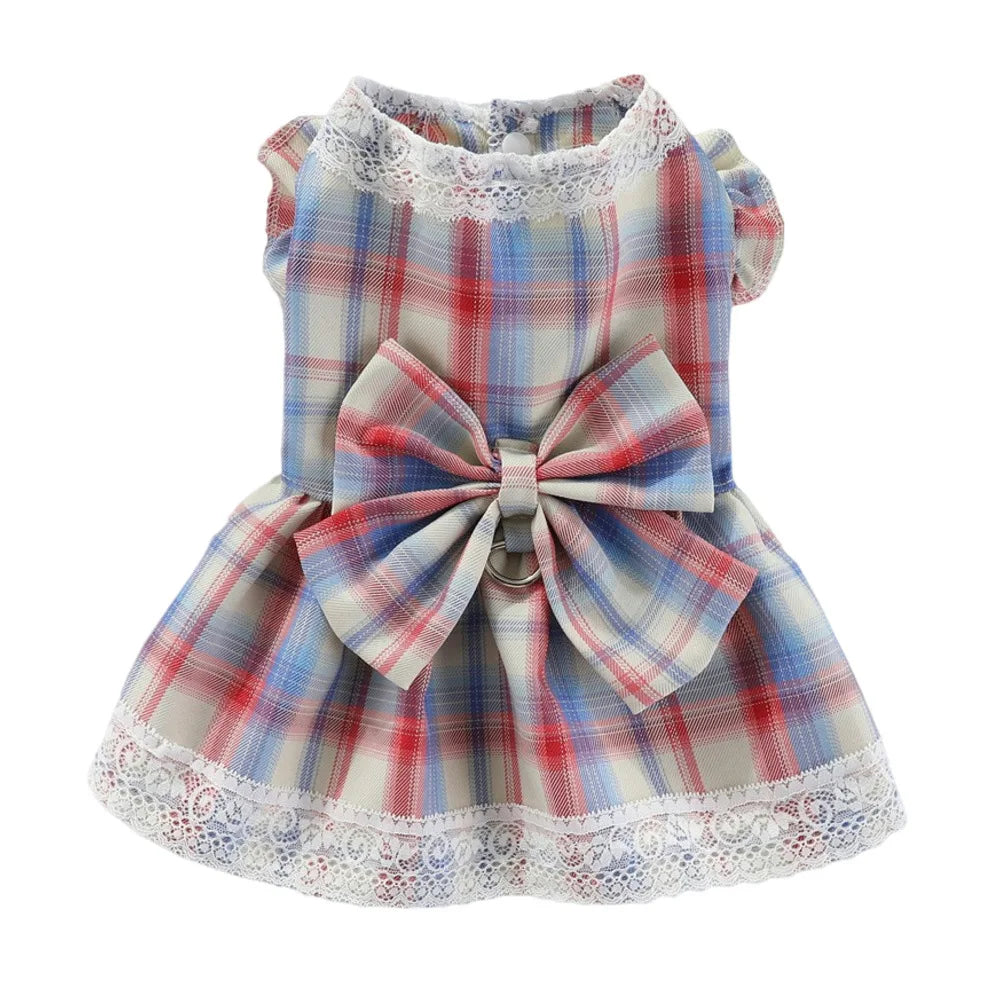 Plaid Dog Dress Bowtie Harness Dress for Small Dogs Cats Girl Cute Lace Trim Princess Dresses Spring Summer Puppy Rabbit Clothes