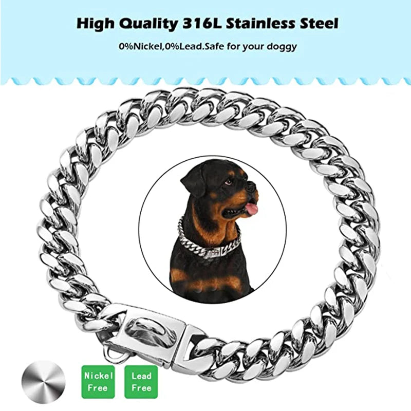 Silver Metal Dog Collar with Solid Buckle, Stainless Steel Pets Link Chain, Golden Necklace for Small Medium and Large Dogs Usag