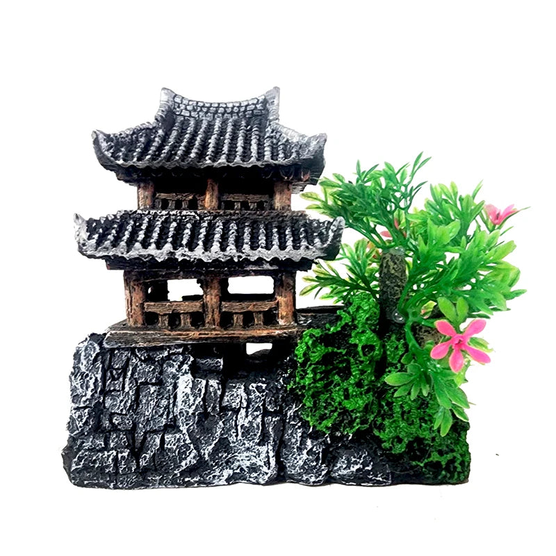 Resin Aquarium Decoration Simulated Attic Pavilion Artificial House View Rock CaveTree Fish Tank Ornament Pet Supplies Home Deco
