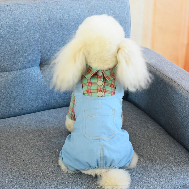 Dogs Clothes Jumpsuits Spring Autumn Denim Sling Plaid Pet T-Shirt Plaid Cat Dress Pet Puppy Skirt Teddy Puppy Clothes Small Dog