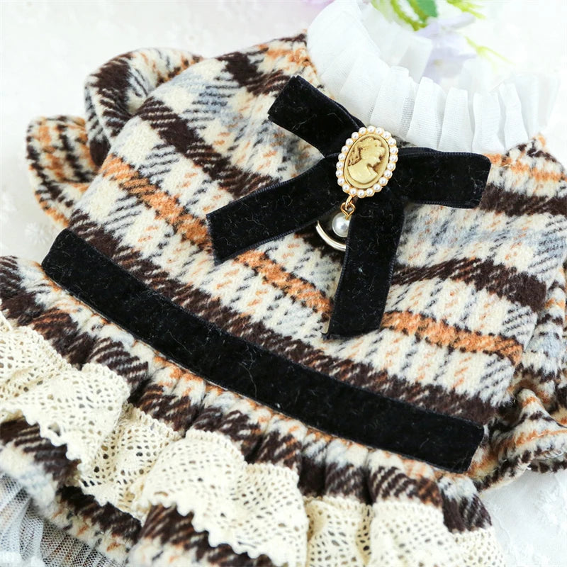 High Collar Small Dog Clothes Plaid Woolen New Year Autumn Winter Brown Overalls for Cats Maillard Fashion Girl Chihuahua Dress
