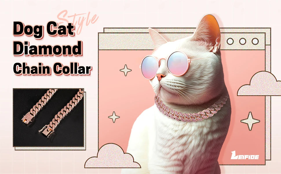 Dog Chain Collar Pink Diamond Cuban Link Necklace Metal Cat Chain Pet Crystal Collar Jewelry Accessories for Dogs Cats