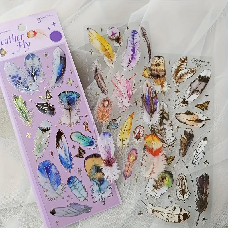 Shimmering 3D Gilding Sticker Set - Dragonfly, Jellyfish & Feather Designs - 3 Sheets/pack - Premium PET Decor for Notebooks, Sc
