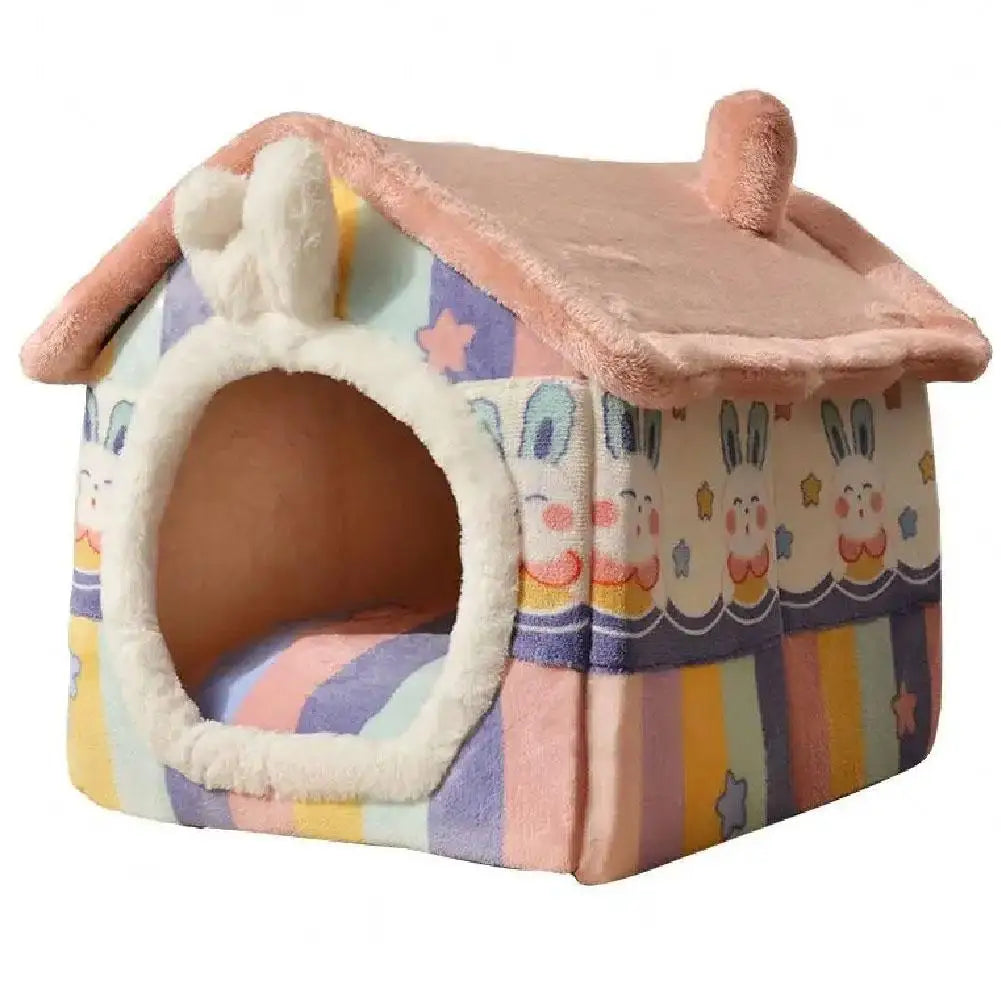 Cute Luxury Cat Villa Cat Bed Winter Warmth Fully Enclosed Removable Cushion Pillow Cat Tent Cat Dog Pet Nest Girl Pink PP Cotto