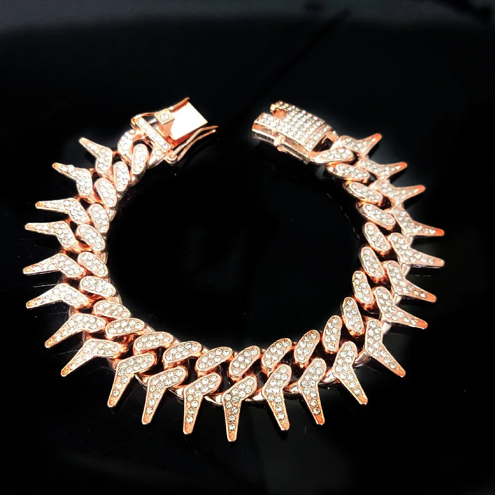 13mm Bling Diamond Chain Dog Cat Collar with Spiked Rivet Design, Luxury Gold Cuban Link Dog Collar for Small Medium Large Dogs
