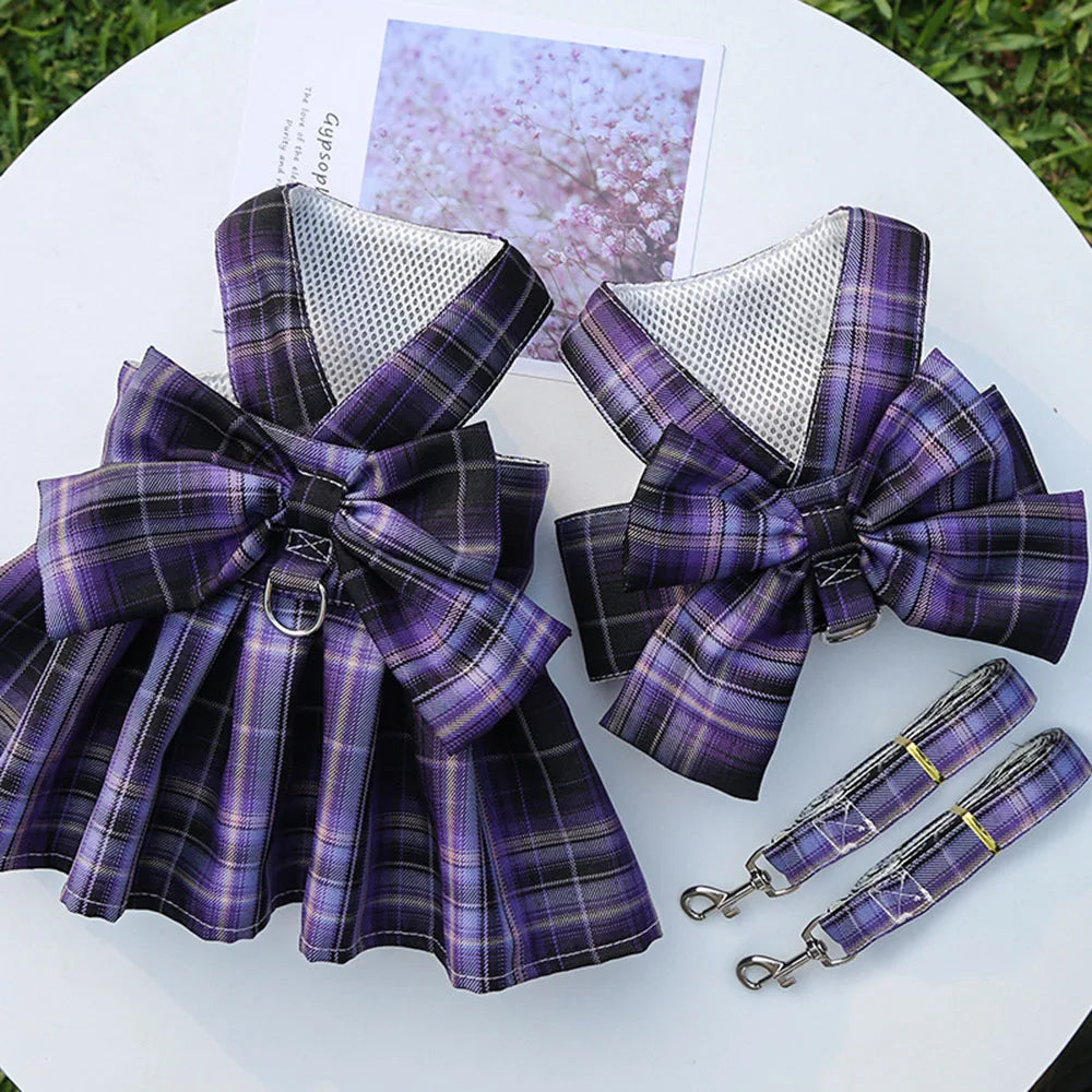 Puppy Dog Adjustable Harness Pet Plaid Skirt Cat Dog Vest Type Traction Clothes Small Dog Party Birthday Wedding Bowknot Dress
