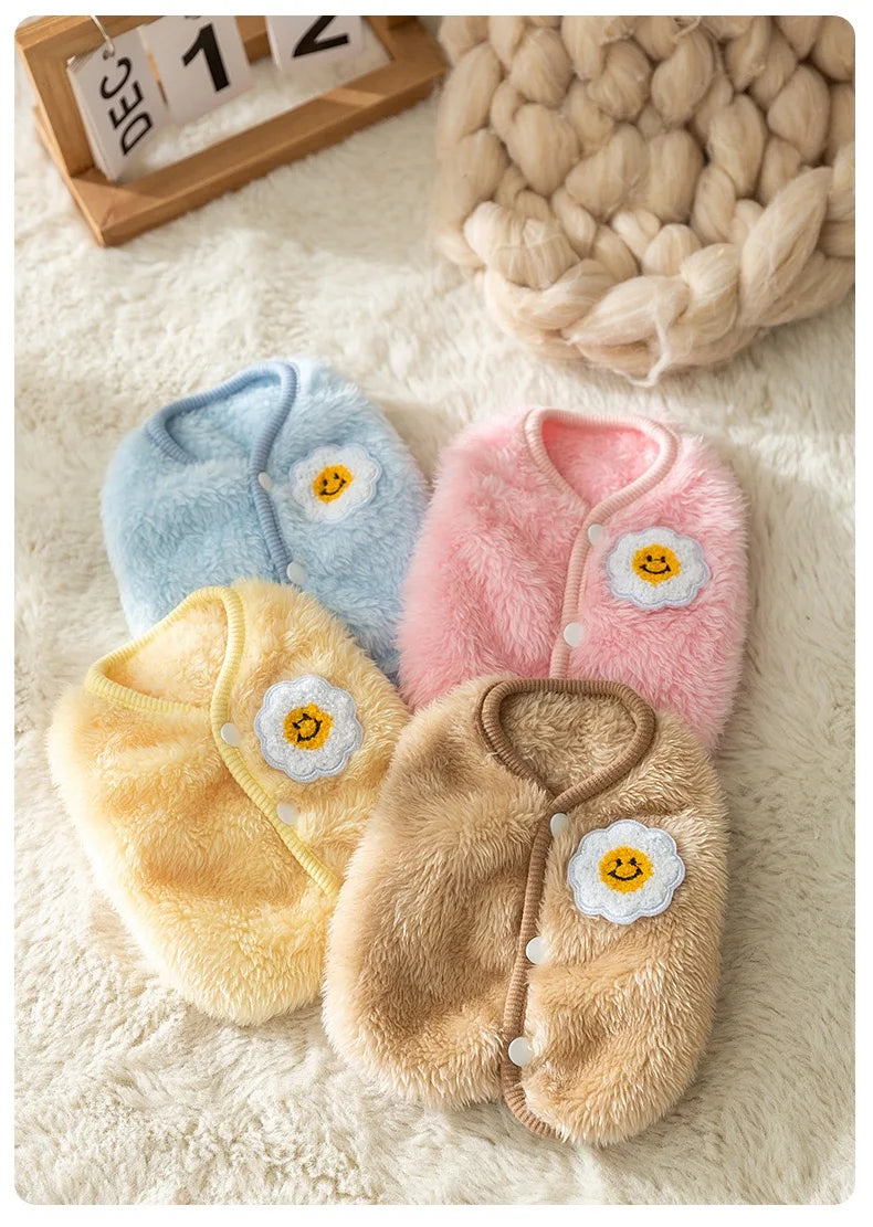 Solid Pink Fluffy Pet Dog Winter Clothes Flower Decorate Breathable Warm Cat Overalls Unisex Yorkshire Autumn Small Puppy Vests