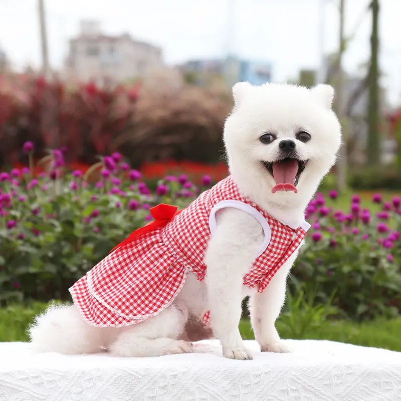 Bow Tie Decorate Dog Fancy Dress Stripes and Lattice Pink Pet Skirt Sleeveless Girl Wedding Party Pet Skirt Clothing for Cats
