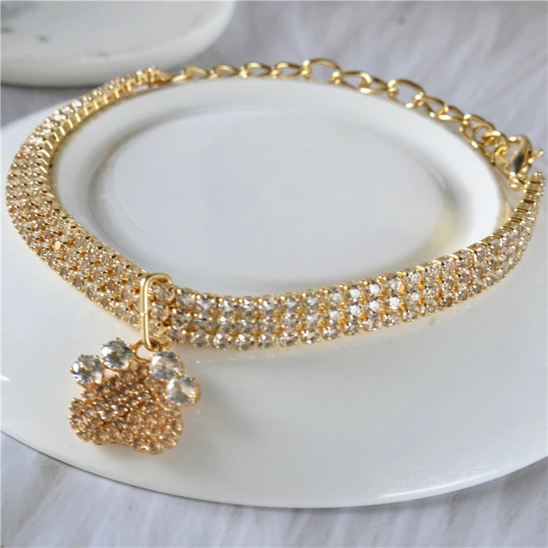 Fancy Summer Pet Dog Collars Alloy Rose Gold Zircon Footprint Pendant Necklace for Cats Luxury Designer Pet Neck Accessories