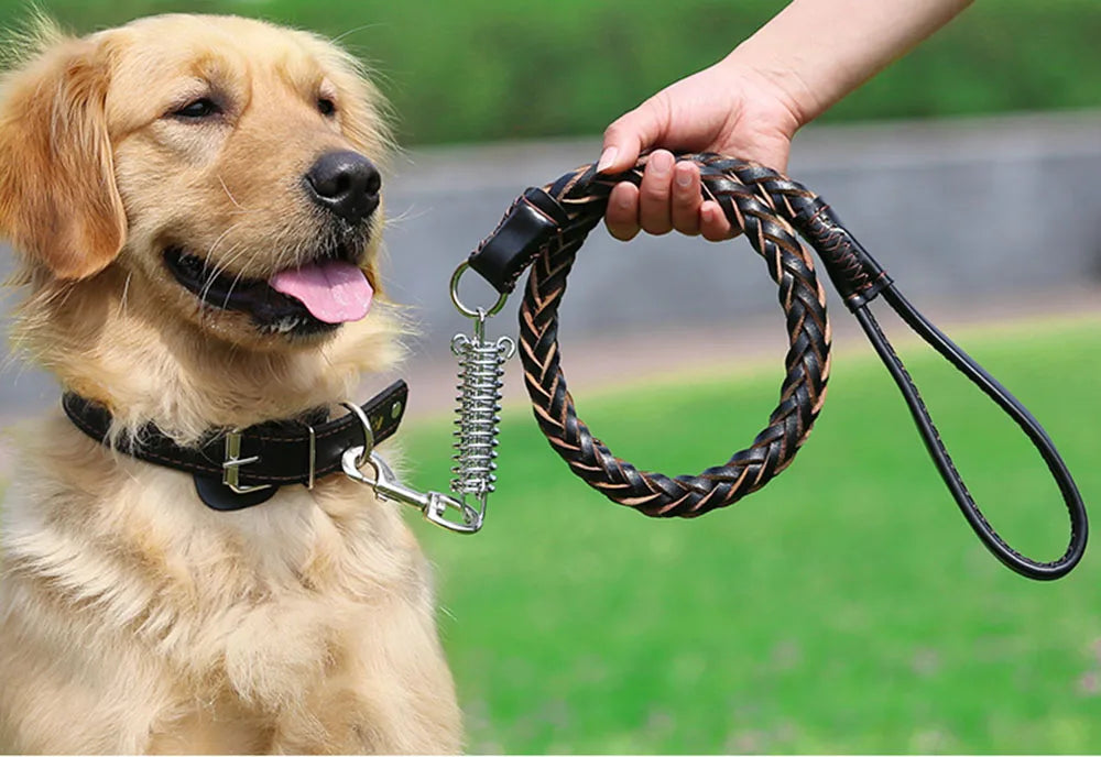 No Pull Leather Dog Leash Durable Cowhide Braided Dog Leash Buffer Spring Design for Training Walking Large and Medium Dogs Pets