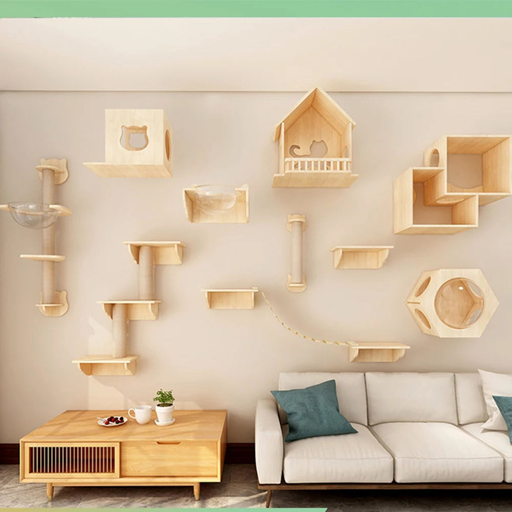 Cat Tree Wall Mounted Climbing Shelves Wooden Hammock with Ladder and Cats Perch Sleeping Pet Indoor Playground Pet Furniture