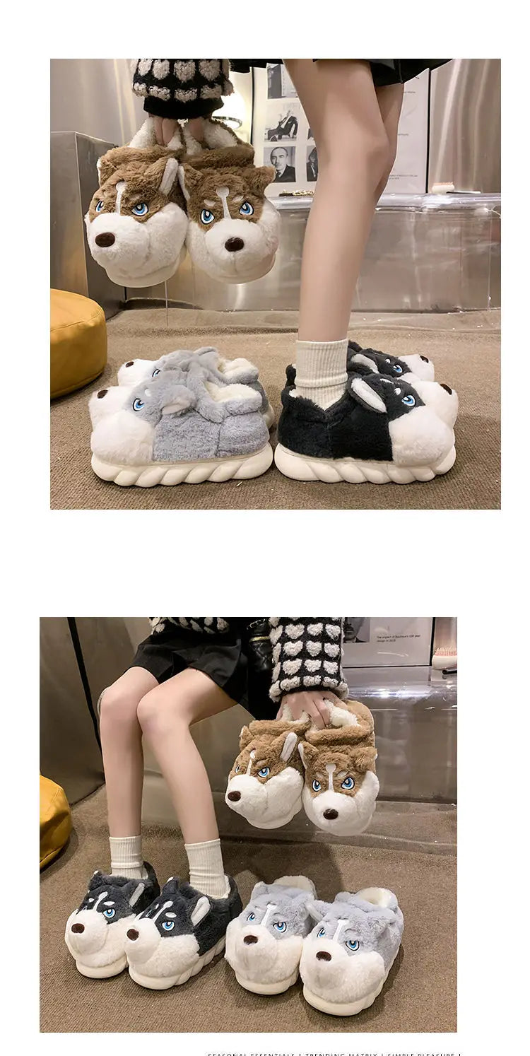 Winter Home Couple Shoes Women's Fluffy Dog Slippers Girl Animal Fur Slides Kawaii Funny Furry Shoes Woman Plush Booties Slipper