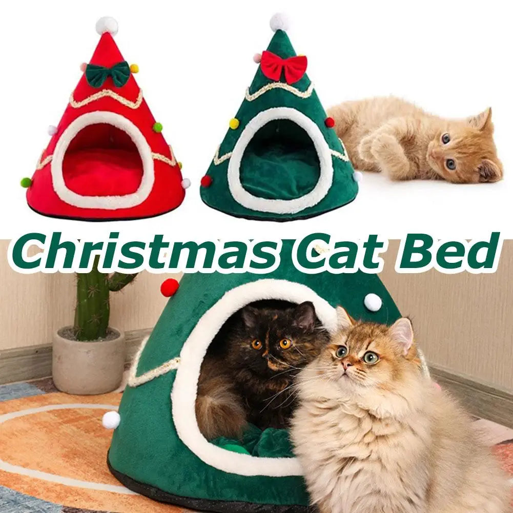 Christmas Hat Shape Creative Pet Bed Soft Plush Winter Semi-enclosed Cute Cat And Dog Bed Warm Comfortable 45cm Mini Bed Tent