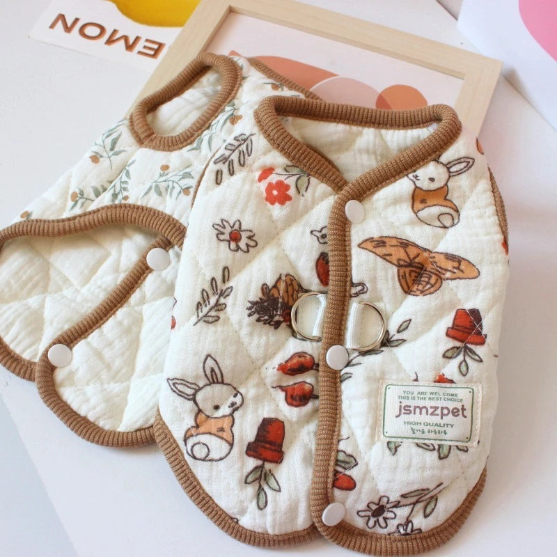 Sleeveless Thick Coat for Dogs Cartoon Animal Print Puppy Clothing Pure Cotton Cat Winter Clothes Outdoor Walking Leash Overalls