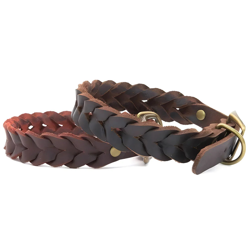 Soft Genuine Leather Braided Dog Collar Adjustable Brown Leather Dog Collar Strong and Durable for Pet Puppy Pug French Bulldog