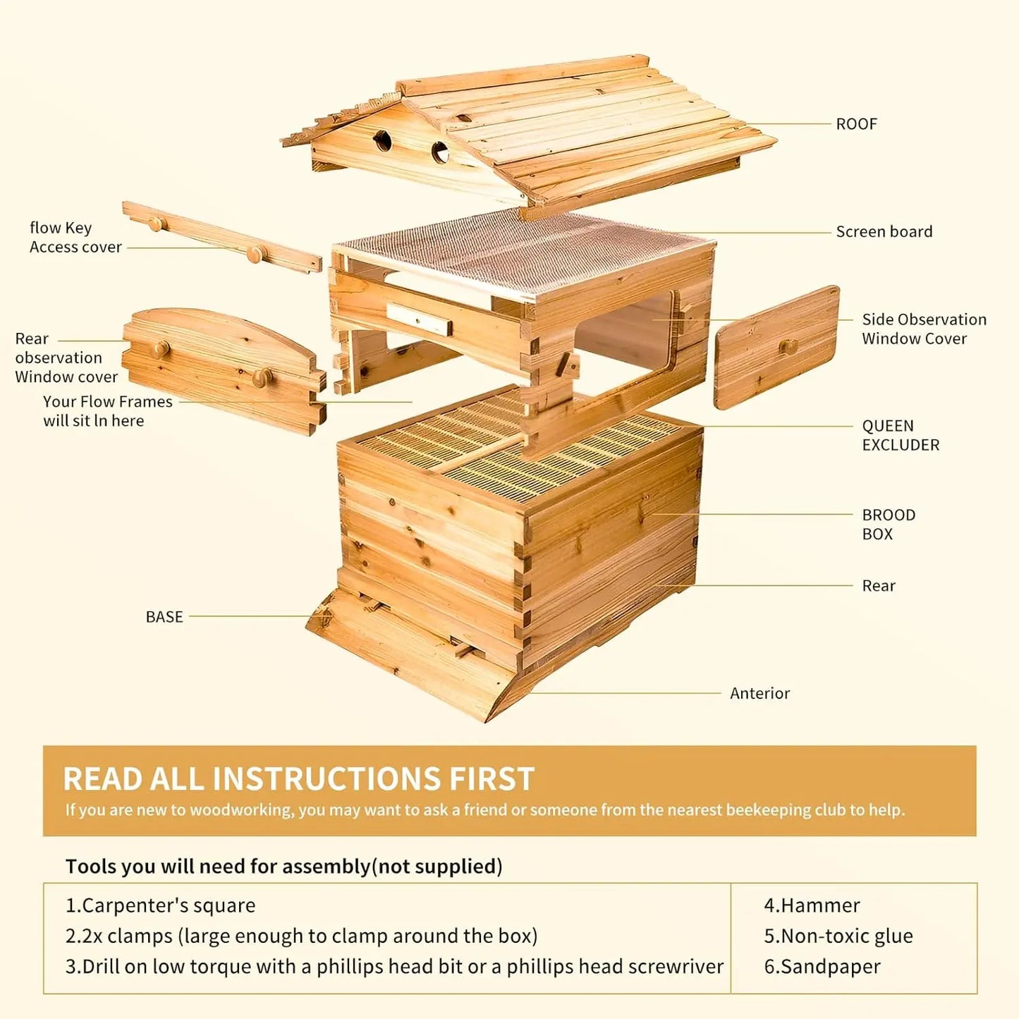Beehive Automatic Obtain Honey Bee hive 7pcs Auto Super Frames Food-Grade Suitable Beekeeper Starter(Unassembled)