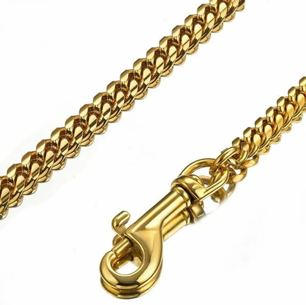 10MM Strong Stainless Steel Dog Chain Leash Heavy Duty 18K Gold Miami Cuban Link Chain with Genuine Leather Handle for Large Dog