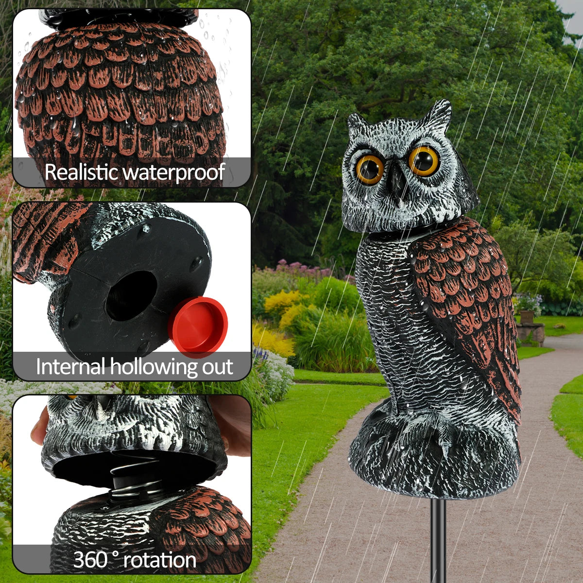 Owl Scare Bird Control Devices with 360° Swivel Head Waterproof Fake Owl Scarecrow Decoy Lifelike Simulation Owl Bird Deterrent