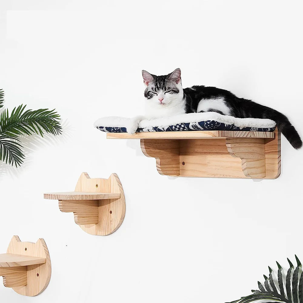 Cat Climbing Shelves Tree Tower Wall Mounted Furniture for Cats Jumping Platform Cat Scratching Post Ladder Solid Wooden Steps