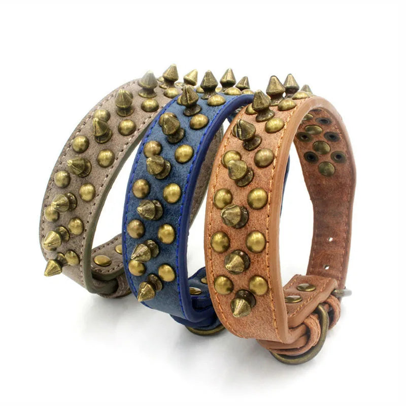 Bronze Spiked Studded Leather Dog Collars For Small Medium Large Dogs Pet Spike Collar Rivets Anti-Bite Pet Products Neck Strap
