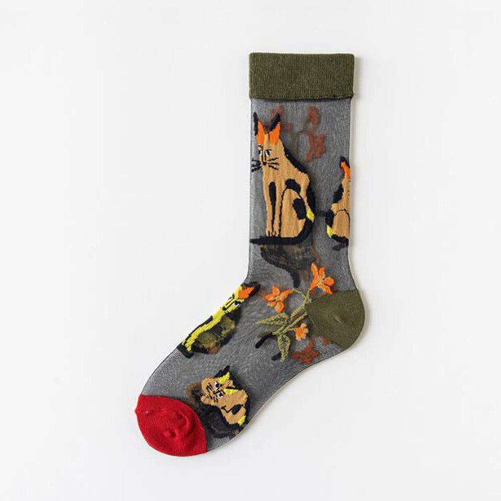 5 Pairs/Set France Hipster Design Glass Silk Floral Bird Funny Socks Women Transparent Art Ankle  Socks Jacquard