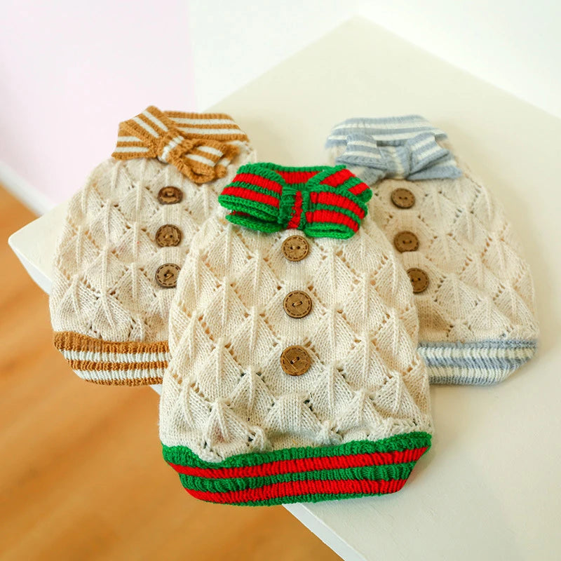 Classic Dog Winter Sweater with Tie Thick Weaving Warm Pet Cat Clothing Lovely Princess New Year Coat Christmas Dog Clothes