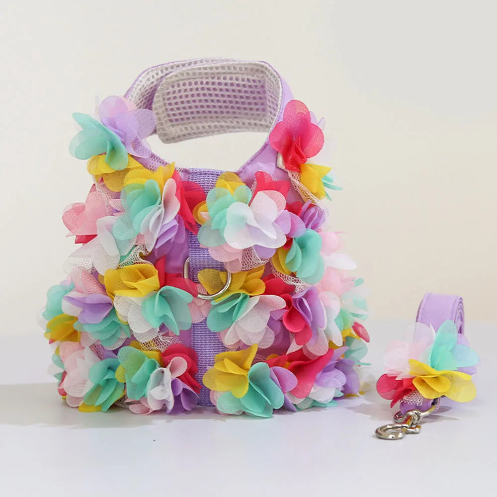 Pink Flower Puppy Harness Mesh Breathable Small Girl Dog Cat Vest Harness Cute Doggy Lace Dress Harness with Leash for Walking
