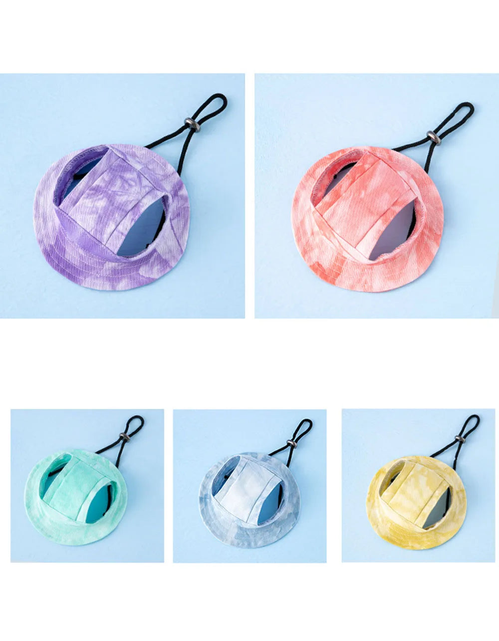 Adjustable Dog Hat Fashion Tie-dyed Pet Bucket Hats with Ear Holes Round Brim Dog Cap Outdoor Sun Bonnet Cat Cap Pet Accessories