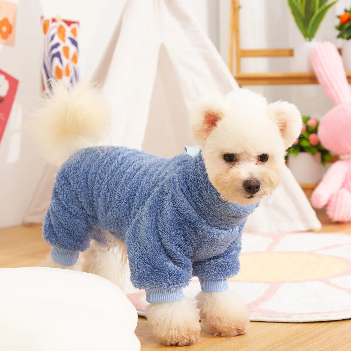 Dog Fuzzy Fleece Pajamas, Dog Winter Clothes for Small Dogs, Thick Warm Turtleneck Dog Sweater Plush Pet Jumpsuit, Doggy Apparel