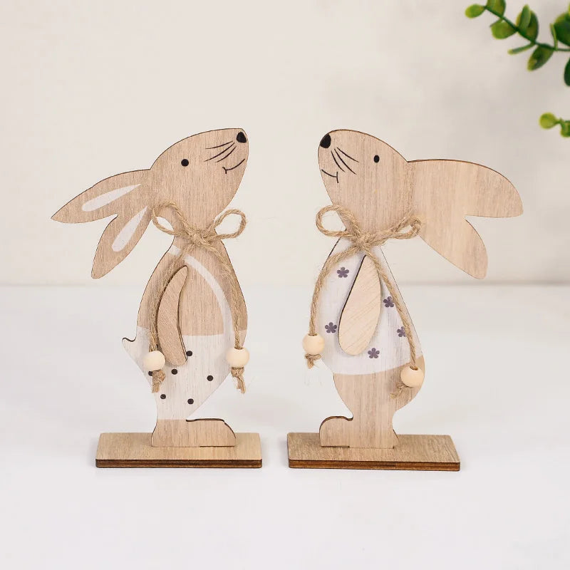 2025 Easter Wooden Rabbit Ornaments Standing Bunny with Flower for Spring Easter Party Home Table Decoration DIY Crafts Supplies