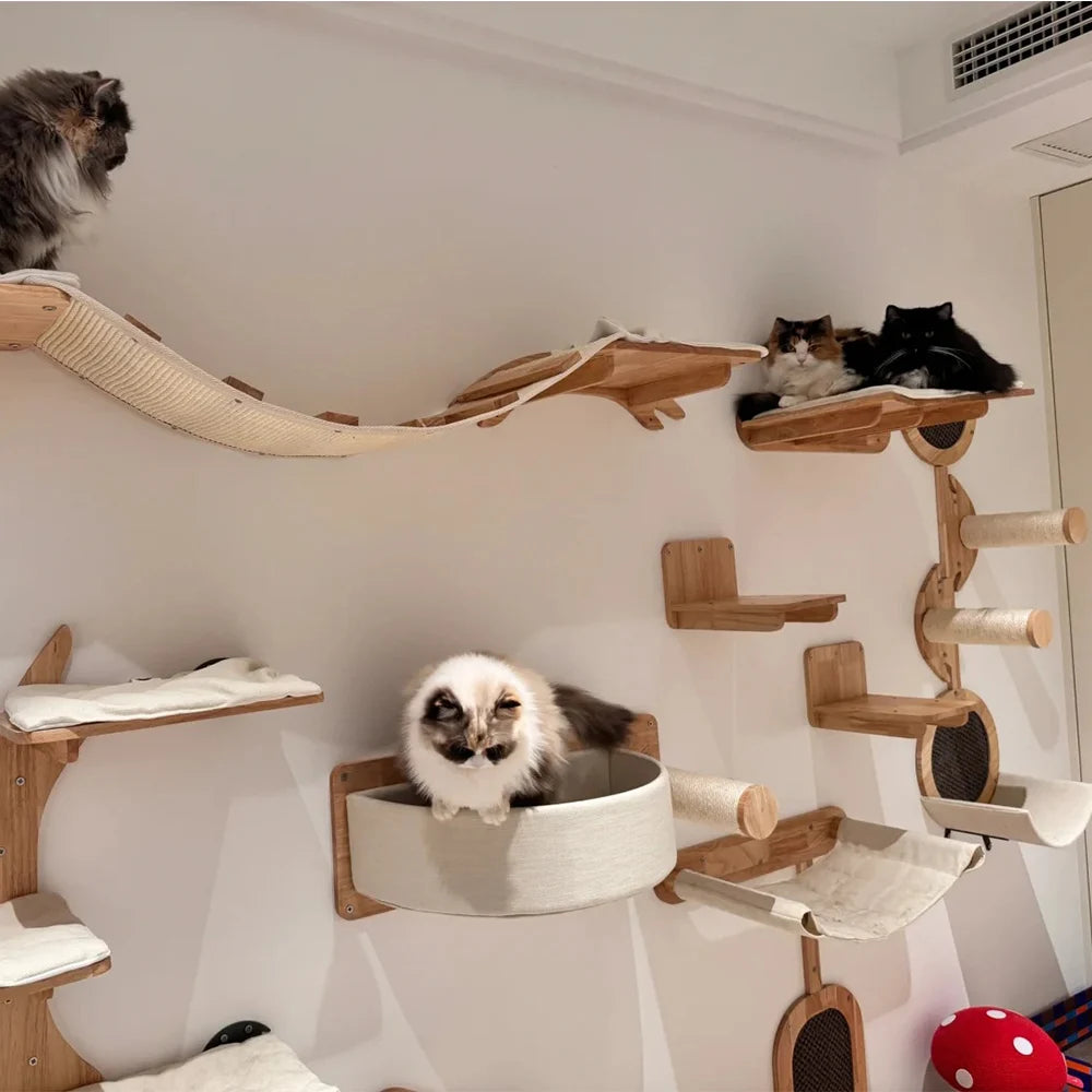 Cat Bridge Wall Mounted Wooden Furniture Scratcher Kitty Beds Perches Stable Cats Wall Shelves For Sleeping Playing Climbing