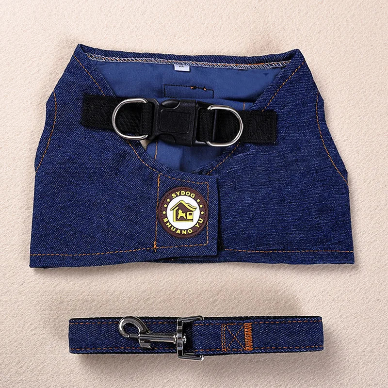 Durable Dog Denim Harness and Leash Set, Adjustable Step in Lightweight Pet Jeans Vest Harness for Small Medium Dogs Bulldog