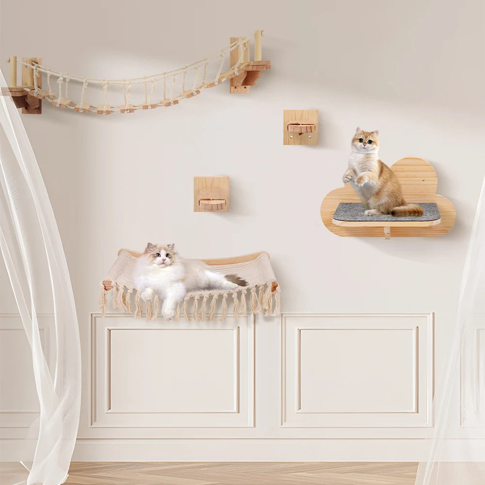 Cat Tree Wall Mounted Climbing Shelves Wooden Hammock with Ladder and Cats Perch Sleeping Pet Indoor Playground Pet Furniture
