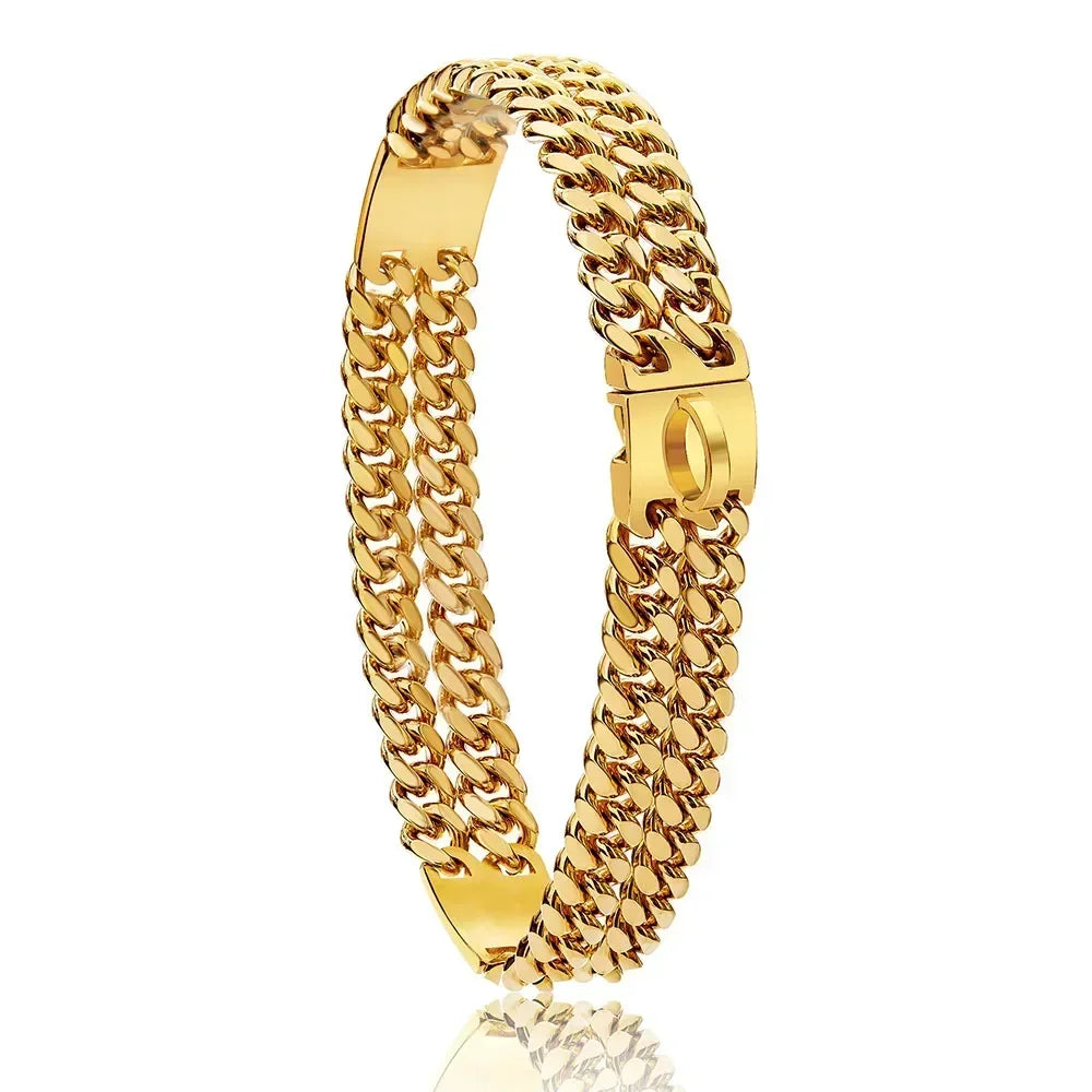 Strong Dog Double Chain Collar 2 Row Gold Cuban Link Stainless Steel Dog Training Collar Pet Metal Collar For Medium Large Dogs