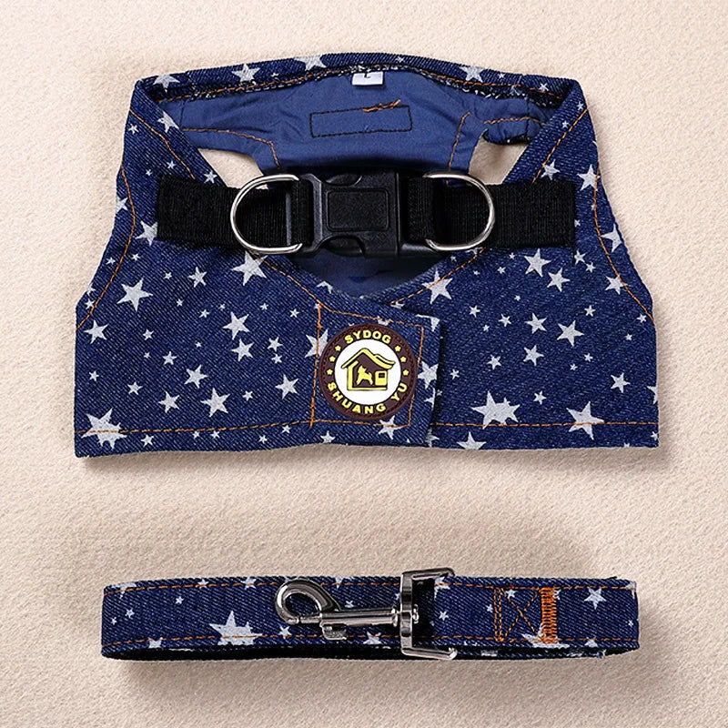 Durable Dog Denim Harness and Leash Set, Adjustable Step in Lightweight Pet Jeans Vest Harness for Small Medium Dogs Bulldog