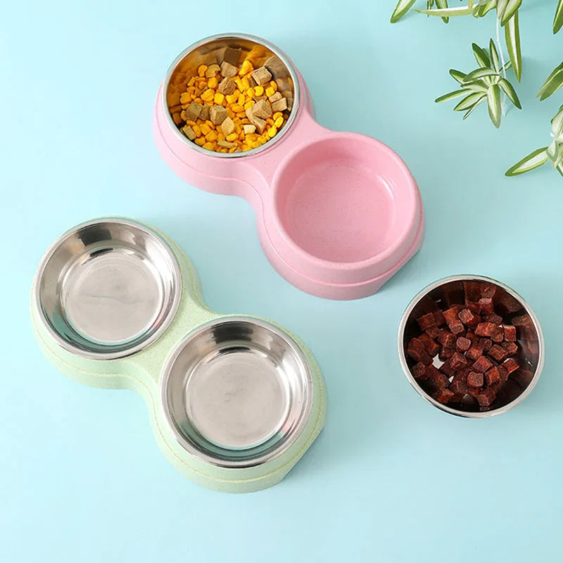 Pet Stainless Steel Bowls Double Puppy Dog Food and Water Bowls Set Cat Bowls Pet Feeder Dishes Dual Bowls for Small Dogs Cats