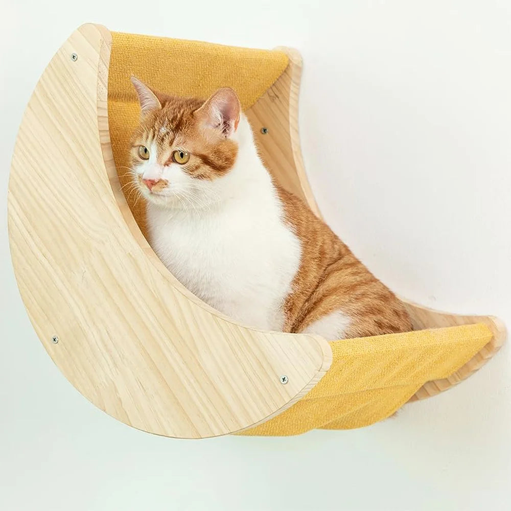 1Pc Wall Mounted Cat Hammock Ladder and Platform Moon Shaped Wooden Climbing Shelf Cats Furniture for Kitty Playing and Sleeping