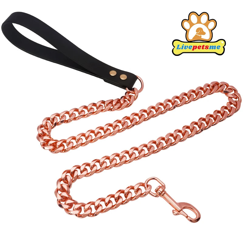 Stainless Steel Pet Gold Chain, Dog Leashes, Leather Handle, Portable Leash Rope, Straps, Puppy, Cat Training, Slip Collar Suppl